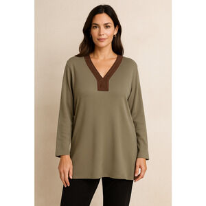 Ralph Lauren Olive Green Cotton Suede Trim Tunic Top XL Classic Preppy Heritage